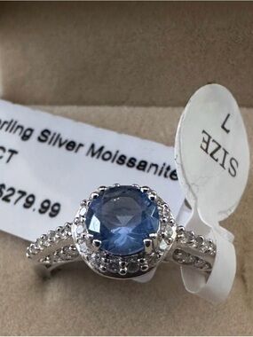 Sterling Silver Blue Moissanite Halo Ring - Size 7
